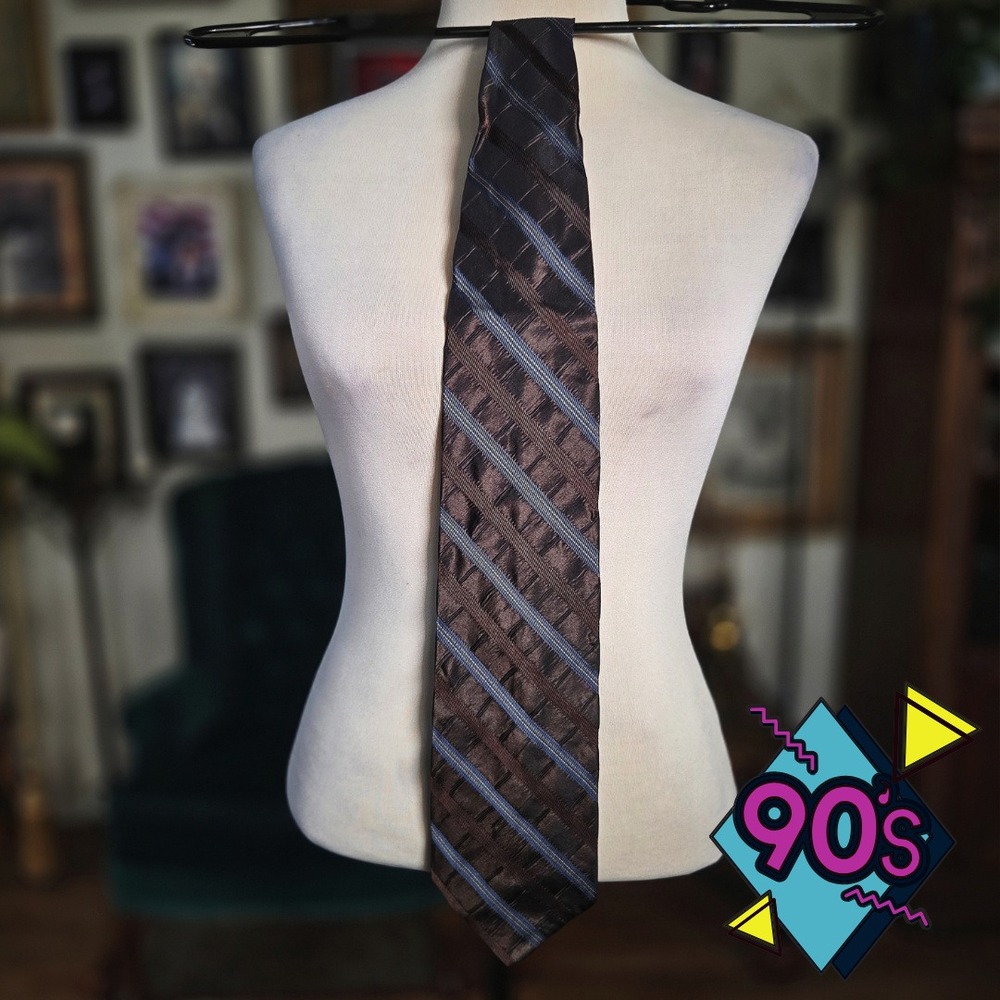 Structure Silk Tie Vintage 90s Brown Blue Diagonal Stripe Geometric Mens USA NOS